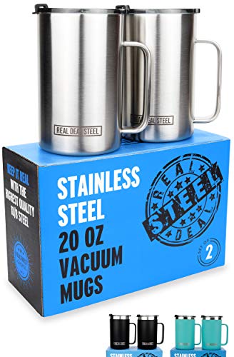 Stainless Steel Vacuum Insulated Mugs: 20 oz Large Double Wall Set of 2 Coffee Mugs with Lid and Handle, Camping Mug that Keeps Coffee Hot, Beer Mug that Keeps Beer Cold (Stainless Steel)