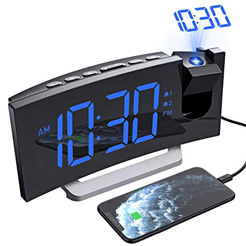 Mpow Projection Alarm Clock, Radio Digital Clock with USB Charger, 0-100% Full Range Brightness Dimmer, Dual Alarm Clock with 5 Sounds for Heavy Sleeper, Snooze