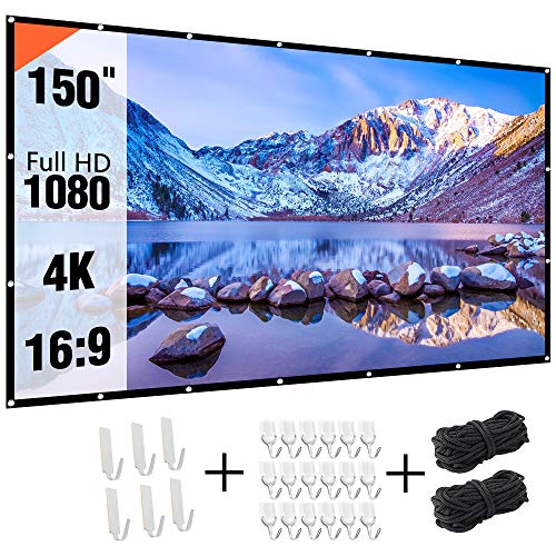 Projectior Screen 150 inch, Real-Anti-Crease 150in 16:9 HD Outdoor Movie Screen Portable Projection Screen for Home Theater Backyard Movie Night, Double-Sided Movies Screen for Outdoor Indoor