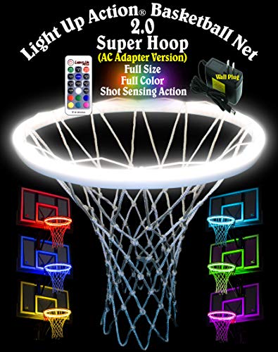 Light Up Action Super Hoop Neon LED Basketball Hoop Light Net 2.0 Illuminates Backboard, Rim and Net Any Color by Remote with Rebound Sensing and Score Sensing Reactive Lights (AC Adapter Version)