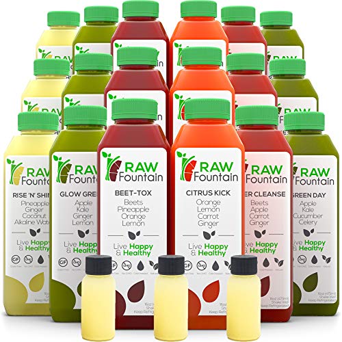 Raw Fountain 3 Day Juice Cleanse, All Natural Raw, Cold Pressed Fruit and Vegetable Juice, Detox Cleanse Weight Loss, 18 Bottles 16oz, 3 Ginger Shots