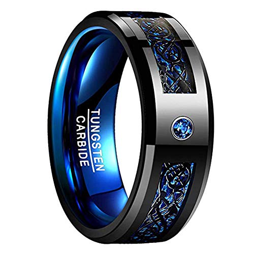 NUNCAD Men's 8mm Blue Tungsten Ring Black Celtic Dragon Tungsten Carbide Ring Comfort Fit Wedding Band Size 7 to 12 (10.5)