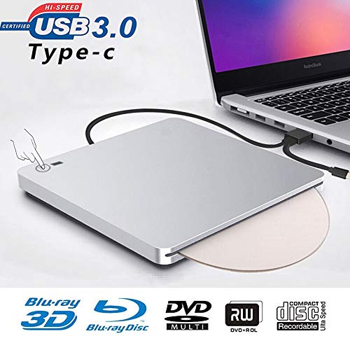 External 3D Blu Ray DVD Drive, USB 3.0 and Type-C Blu Ray CD DVD Drive Player Ultra Slim Slot-in CD DVD Burner with Smart Touch Compatible with Windows XP/7/8/10, Mac OS for MacBook, Laptop, PC