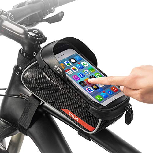 JHVW Bike Frame Bag-Waterproof Bike Accessories with Touch Screen Case, Large Capacity Bike Phone Bag with Sun Visor for iPhone Samsung and Android Phones Under 6.5”