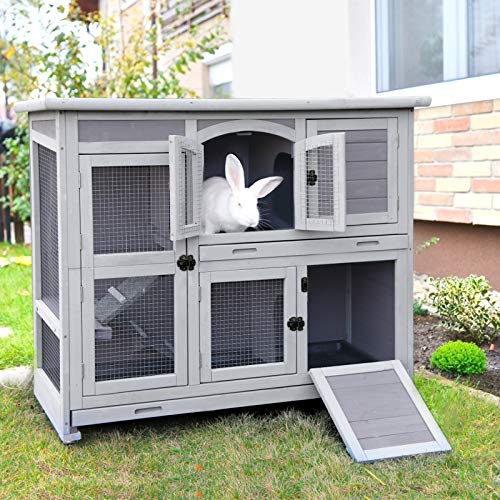 GUTINNEEN Rabbit Hutch Indoor Outdoor Bunny House Guinea Pig Cage on Wheel with Plastic Tray-47inch