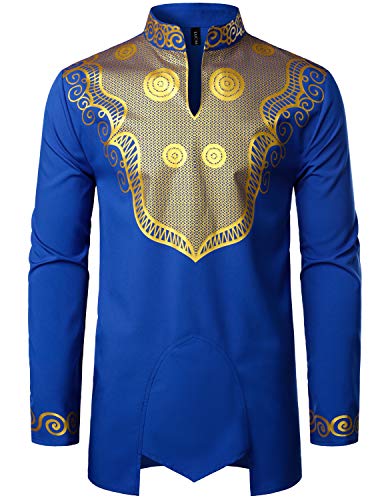 LucMatton Men's African Traditional Dashiki Luxury Metallic Gold Printed Mandarin Collar Wedding Dress Shirt Royal Blue Large