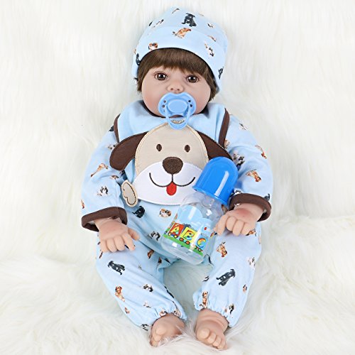 ENA Reborn Baby Doll Realistic Silicone Vinyl Baby Boy 24 inch Weighted Soft Body Lifelike Doll Gift Set for Ages 3+(Blue Puppy)