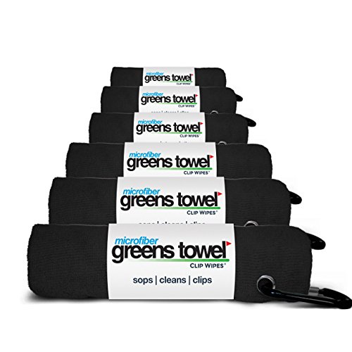Greens Towel 6 Pack Black | The Convenient Golf Towel | Microfiber 16'x16' with Clip (Jet Black)