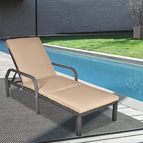 Outdoor Adjustable Chaise Lounge Chairs, Rattan Lounge Chair with Armrest and Removable Cushion, Patio Furniture Recliner for Deck, Poolside, Backyard (1PC Single Lounge Chair)