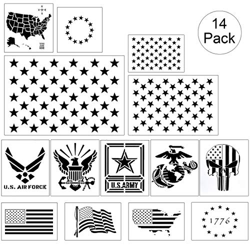 American Flag Stencil Templates - 14 Pack 50 Stars 13 Stars 1776 Punisher Skull Flag Map Navy Army Airforce Marines Stencils, Reusable Plastic Stencils for Painting on Wood & Wall