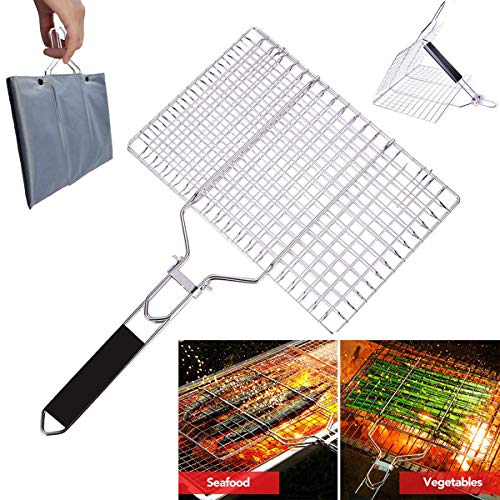 VINIKING Portable Stainless Steel Grill Baskets with Removable Wooden Handle, Perfect BBQ Grilling Cookware for Indoor and Outdoor Cooking