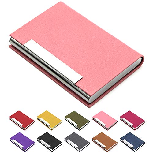 Business Card Holder, Business Card Case Luxury PU Leather & Stainless Steel Multi Card Case,Business Card Holder Wallet Credit Card ID Case/Holder for Men & Women. (Pink)…