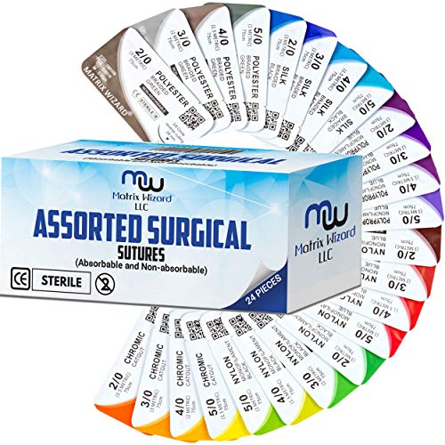 Mixed Sutures Thread with Needle (Absorbable: Chromic Catgut; Non-Absorbable: Nylon, Silk, Polyester, Polypropylene) - Surgical Wound Practice Kit, Emergency First Aid Demo (2-0, 3-0, 4-0, 5-0) 24PK