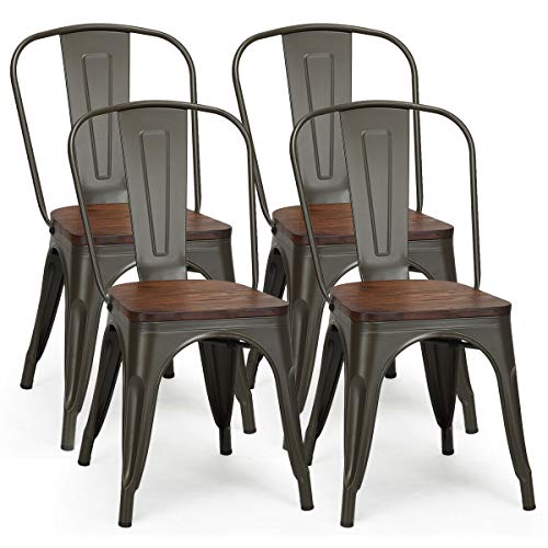 COSTWAY 18 Inch Dining Chair Set of 4, Industrial Vintage Stackable Metal Chairs, Counter Bar Chairs with High Backrest, Wood Seat, for Home, Kitchen and Cafe Bar Use