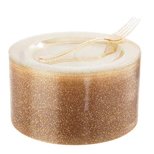 72 Pieces Plastic Dessert Plates 7.5' & 72 Pieces Gold Disposable Forks 7.4' with Gold Glitter, Gold Disposable Plates, Plastic Salad Plates for Wedding