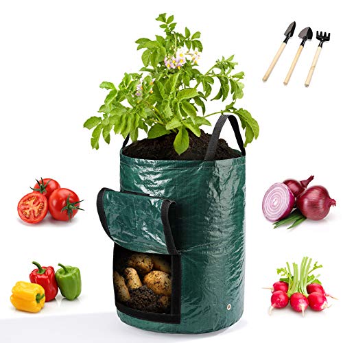 WOHOUS 4 Pack 10 Gallon Potato Grow Bags, Heavy Duty Thickened Vegetable Grow Pots with 3 Tools, Two-Sides Velcro Window Garden Grow Bags for Tomato,Carrot,Onion,Fruits Vegetable Planter