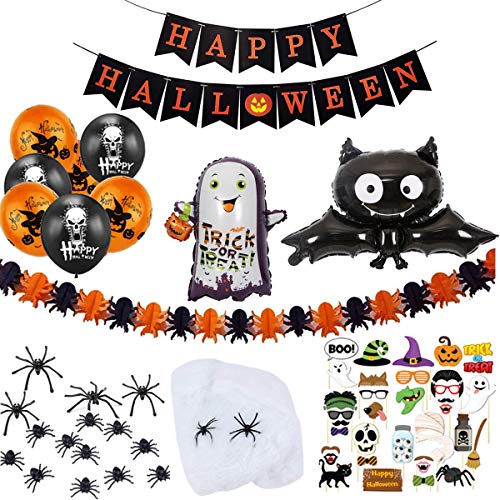 Halloween Party Decorations Kit Festal Supplies Set 84Pcs Include Happy Halloween Banner, Paper Spider Garland, Latex and Foil Balloons, Spider and Spider Web, Photo Booth Props for Home Garden Bar Decor