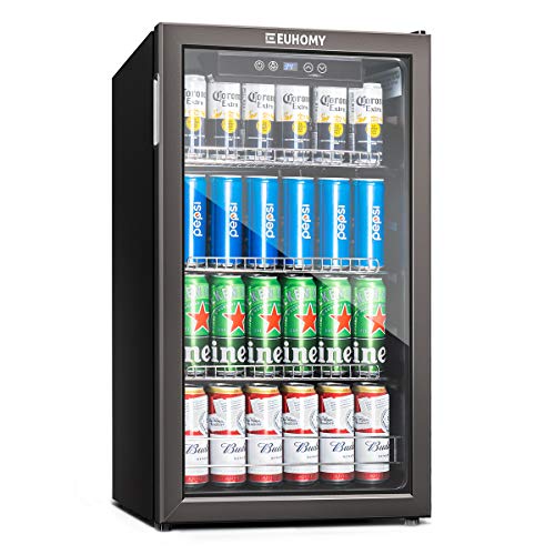 Euhomy Beverage Refrigerator and Cooler, 115-120 Can Mini fridge with Glass Door, Small Refrigerator with Adjustable Shelves for Soda Beer or Wine, Perfect for Home/Bar/Office, Black Stainless Steel