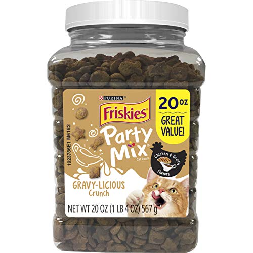 Purina Friskies Made in USA Facilities Cat Treats, Party Mix Crunch Gravylicious Chicken & Gravy Flavors - 20 oz. Canister