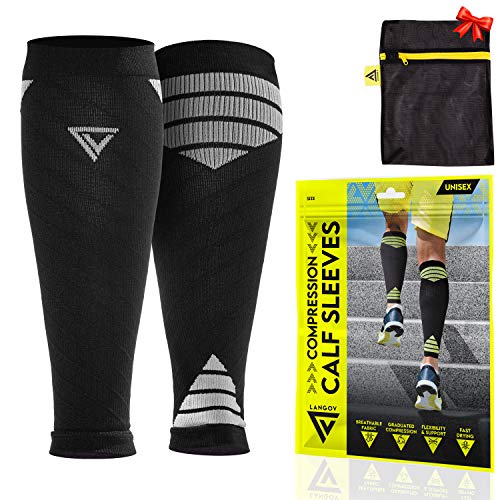 Langov Calf Compression Sleeve (Pair) for Men & Women –leg Calf Support for Shin Splints, Varicose Veins, Pain Relief - Great for Nurses, Running, Travel (20-30 Mmhg). Package Includes Laundry Bag
