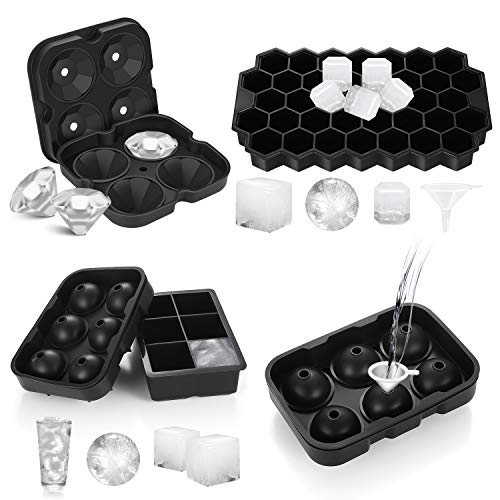 Ice Cube Molds Easy-Release Silicone and Flexible trays, 4 packs include Sphere Ice ball Maker,Large Square Ice Cube, Diamond Ice Make, and 37-ice Trays with Lid, BPA Free (4, Black)