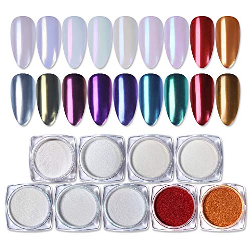 BORN PRETTY 9 Boxes Pearl Powder Nail Mirror Effect Colorful Nails Art Glitter Iridescent Metallic Manicuring Pigment 1G