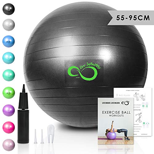 Live Infinitely Exercise Ball (55cm-95cm) Extra Thick Professional Grade Balance & Stability Ball- Anti Burst Tested Supports 2200lbs- Includes Hand Pump & Workout Guide Access (Grey, 65 cm)