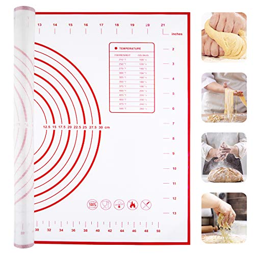 Silicone Pastry Mat Extra Large Non Slip with Measurement, Non Stick, Large and Thick, for Fondant, Rolling Dough, Pie Crust, Pizza and Cookies - BPA Free Easy Clean Kneading Matts,16' x 24', Red