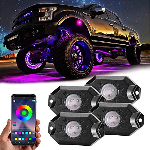 Rgb Led Rock Lights, 4 Pods Underglow Multicolor Neon Light accessories with App Control Timing Music Mode Lighting Kit Waterproof Exterior Wheel Light for Car Truck Atv Rzr Utv Suv Off Road