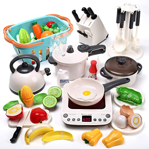 CUTE STONE 40PCS Kitchen Play Toy with Cookware Playset Steam Pressure Pot and Electronic Induction Cooktop,Cooking Utensils,Toy Cutlery,Cut Play Food,Shopping Basket Learning Gift for Girls Boys Kids