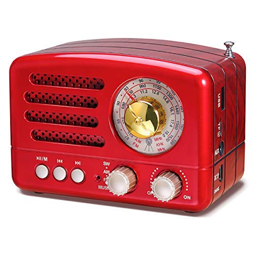 PRUNUS J-160 Transistor AM FM Radio Small Portable Retro Radio with Bluetooth, Rechargeable Battery Operated, Support TF Card AUX USB MP3 Player(Red)