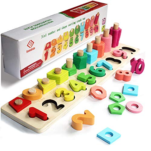 Sendida Montessori Math Shapes Puzzle Toys - Toddlers Stacking Wood Blocks Number Toys Stacking Shape Sorting Toys Early Learning Toys for Kids Preschool Counting