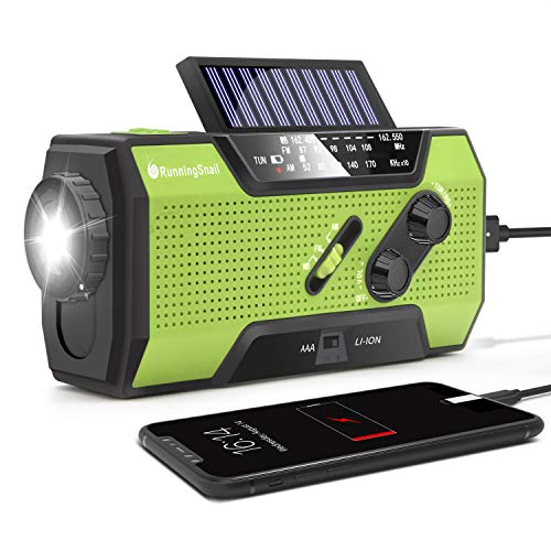 RunningSnail Solar Crank NOAA Weather Radio for Emergency with AM/FM, Flashlight, Reading Lamp and 2000mAh Power Bank (Green)