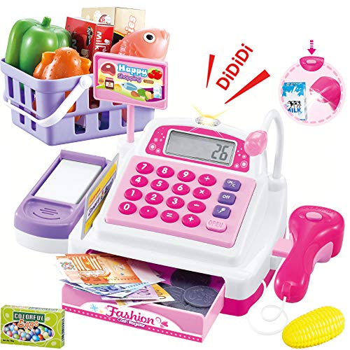 Sotodik Cash Register Pretend Play Supermarket Shop Toys with Calculator ,Working Scanner,Credit Card ,Play Food ,Money and More.(Color May Random)