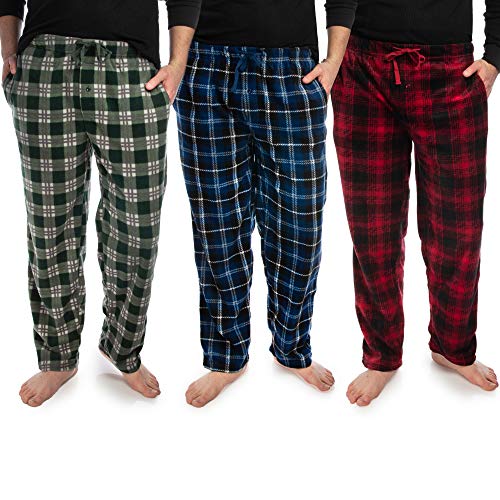 DG Hill (3 Pairs) Mens PJ Pajama Pants Bottoms Fleece Lounge Sleepwear Plaid PJs with Pockets Pants (Red, Blue & Green) Multicolor XL: 36-38' waist