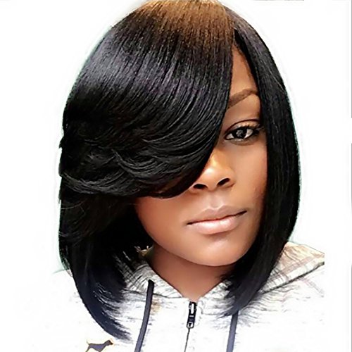 SCENTW Short Pixie Cut Bob Synthetic Wigs for Women Heat Resistant Costume African American Wigs with Side Bangs Natural Brown Full Wigs Look Real+Free Wig Cap (Black)