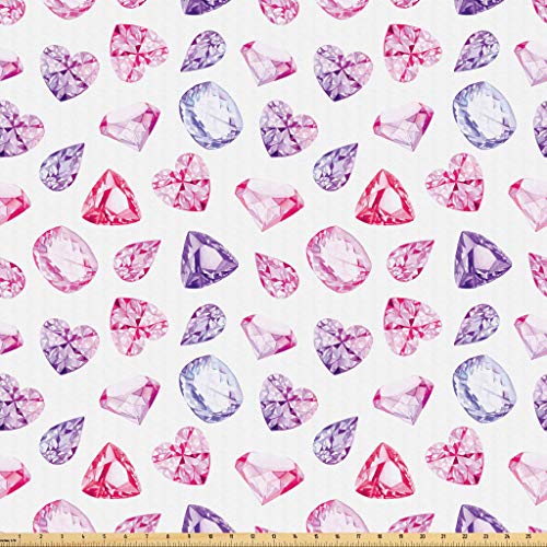 Lunarable Diamonds Fabric by The Yard, Amethyst Heart and Triangle Shaped Diamond Hanging Vibrant Vivid Pattern, Microfiber Fabric for Arts and Crafts Textiles & Decor, 1 Yard, Pink Purple