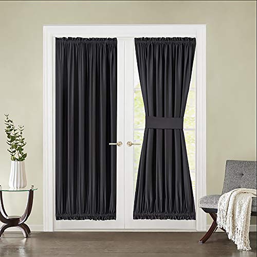 MIULEE Blackout Curtain Panel for French Door Light Blocking Patio Door Window Curtains Thermal Insulated Rod Pocket Drapes for Living Room Glass Door with Tieback W 54 x L 72 Black 1 Panel