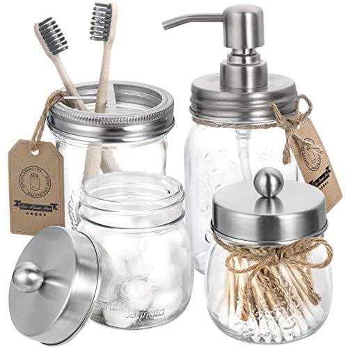 AOZITA Mason Jar Bathroom Accessories Set 4 Pcs - Mason Jar Soap Dispenser & 2 Apothecary Jars & Toothbrush Holder - Rustic Farmhouse Decor, Bathroom Home Decor Craft - Brushed Nickel (Silver)