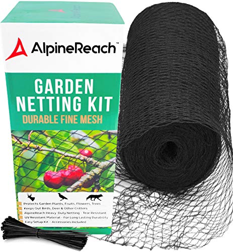 AlpineReach Garden Netting Kit 7.5 x 65 Feet Black Woven Mesh - Extra Heavy Duty Protect Plants Fruits Flowers Trees - Stretch Fencing Durable Net 100 Zip Ties Fine Cover Gift Stops Birds Deer Animals