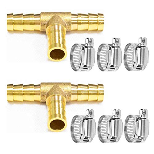 Da by 2 pcs 3/8'(10mm) Brass Tee Barb Fittings for 3/8' ID Hose,6 pcs Stainless Steel Pipe Clamps,3 Way Union Intersection for Water/Fuel/Air(T)