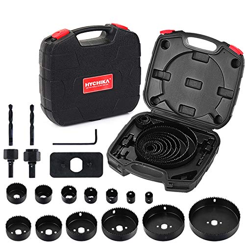Hole Saw Set HYCHIKA 19 Pcs Hole Saw Kit with 13Pcs Saw Blades, 2 Mandrels, 2 Drill Bits, 1 Installation Plate, 1 Hex Key, Max Size 6' and Min Size 3/4', Ideal for Soft Wood, Plywood, Drywall, PVC