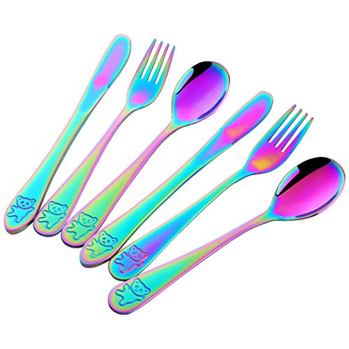 Poylim Stainless Steel Kids Flatware Silverware, Safe Child Cutlery Toddler Utensil, Cute and Colorful, Ideal for Home and Preschools, Set of 2