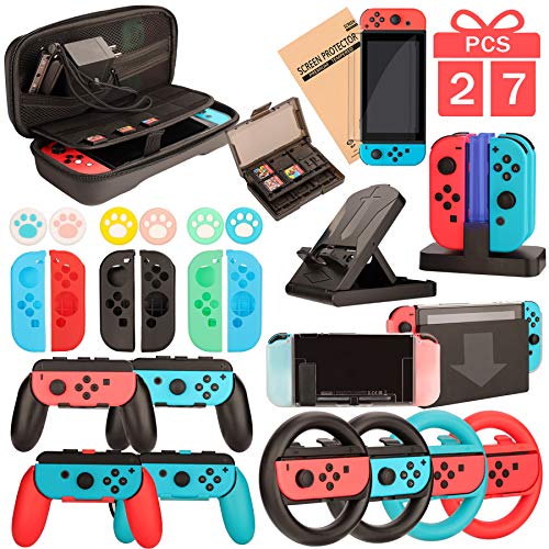 Switch Accessories - Family Bundle Accessories for Nintendo Switch, Carry Case& Screen Protector,4 Pack Joy Con Grips and Steering Wheels, Dockable Case Cover,Stand Mount,Joy Con Charger and More.