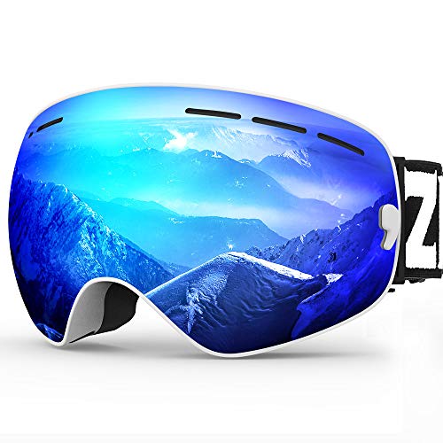 ZIONOR X Ski Snowboard Snow Goggles OTG Design for Men Women with Spherical Detachable Lens UV Protection Anti-fog (22% White Frame Revo Blue Lens)