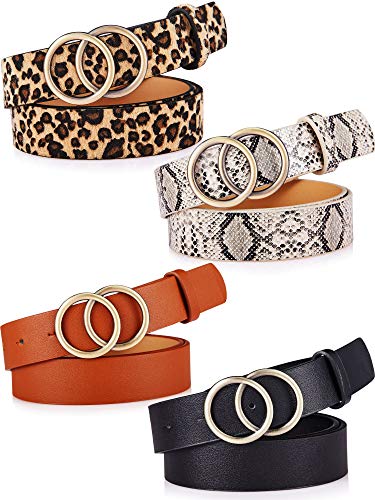 4 Pieces Women Faux Leather Waist Belt for Ladies Jeans Pants with Double O-Ring Buckle