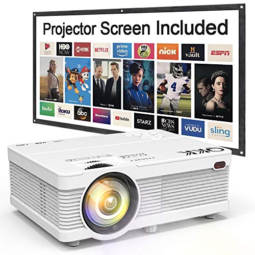 QKK Mini Projector 5500Lumens Portable LCD Projector [100' Projector Screen Included] Full HD 1080P Supported, Compatible with Smartphone, TV Stick, Games, HDMI, AV, Projector for Outdoor Movies