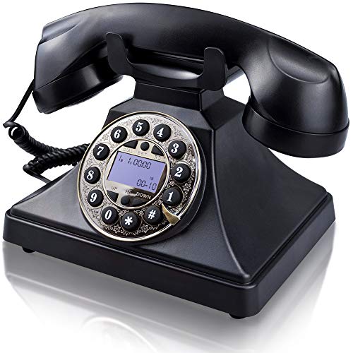Corded Retro Landline Phone for Home, IRISVO Vintage Classic Desk Telephone with LCD Screen Display and Redial,Speaker, Push Button Dialing with Rotary Design (Black)