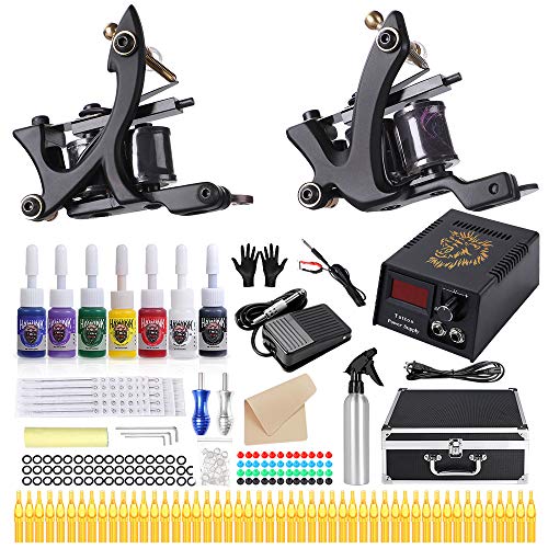 HAWINK Tattoo Complete Tattoo Kit for Beginners Tattoo Power Supply Kit 7 Tattoo Ink set 50 Tattoo Needles 2 Pro Tattoo Machine Kit Tattoo Supplies TK-HW2002