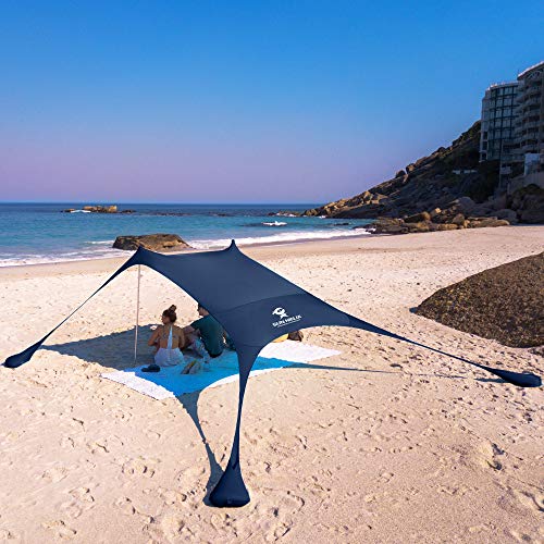 SUN NINJA Pop Up Beach Tent Sun Shelter UPF50+ with Sand Shovel, Ground Pegs,and Stability Poles, Outdoor Shade for Camping Trips, Fishing, Backyard Fun or Picnics (7x7.5 FT 2 Pole, Navy)